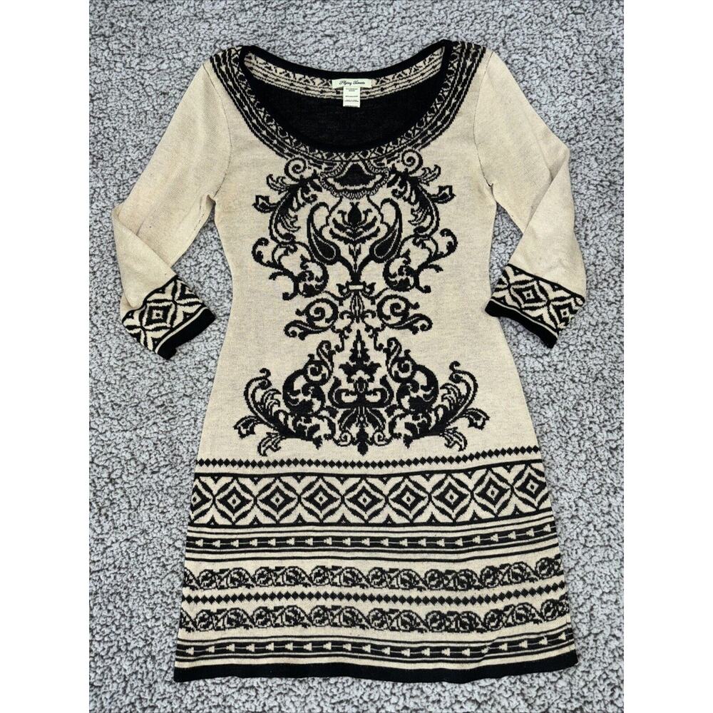 Flying Tomato Sz M Brown Tan 3/4 Sleeve Scoop Neck Sweater Dress Aztec Print